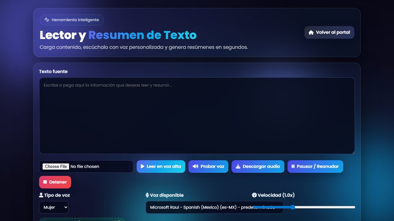 Vista previa de Lector y Resumen de Texto