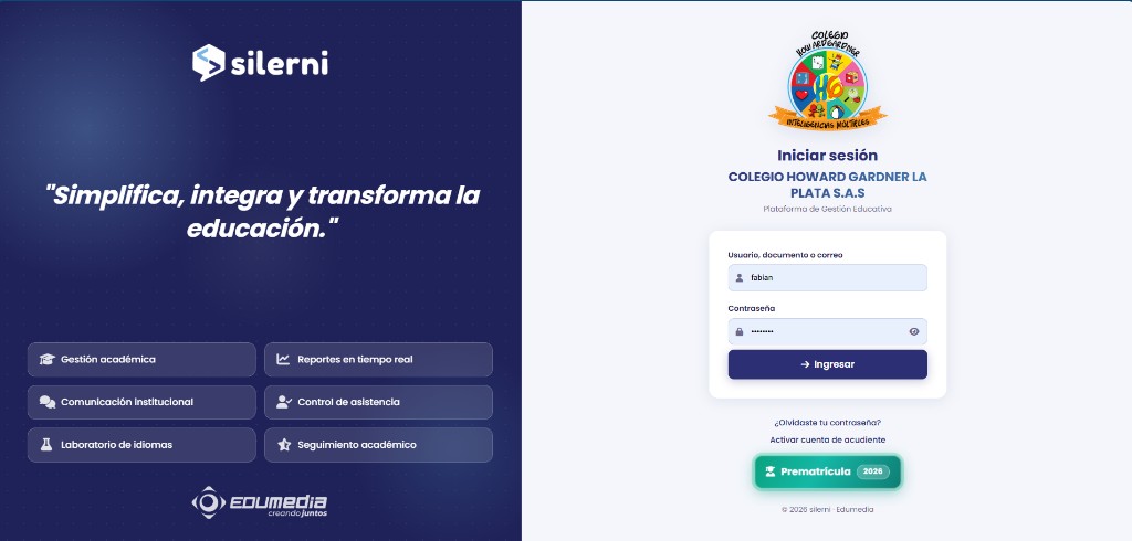 Inicio de sesión de Silerni del Colegio Howard Gardner La Plata, con los módulos de la plataforma y el botón de prematrícula