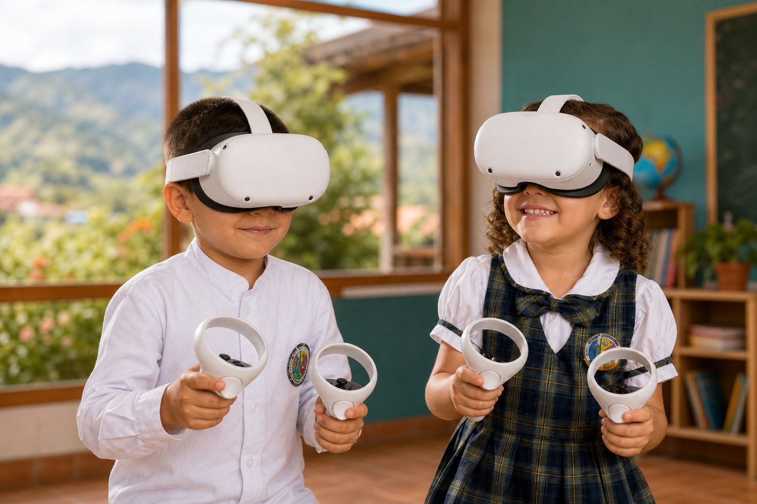 Niños del colegio con visores de realidad virtual