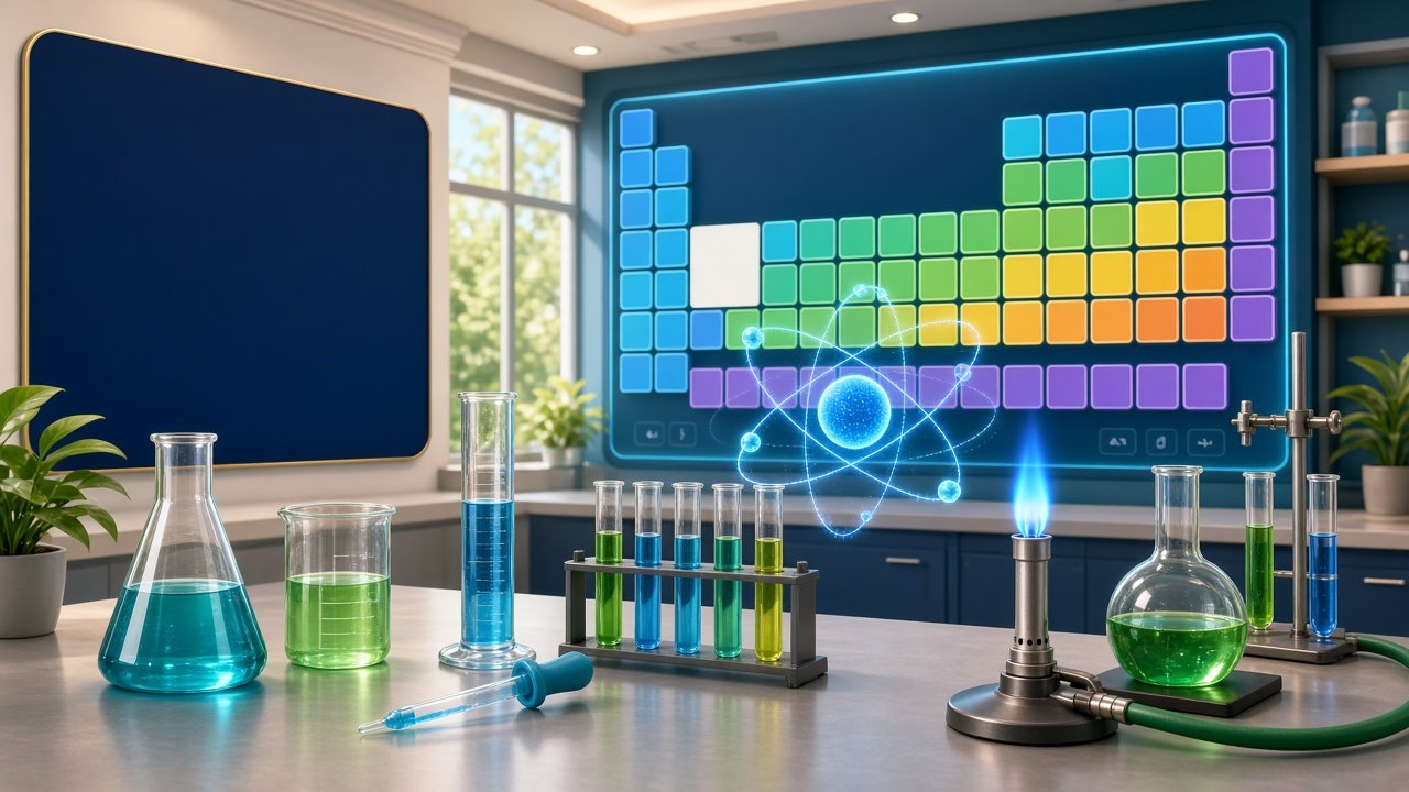 Laboratorio de química con tabla periódica y material de vidrio