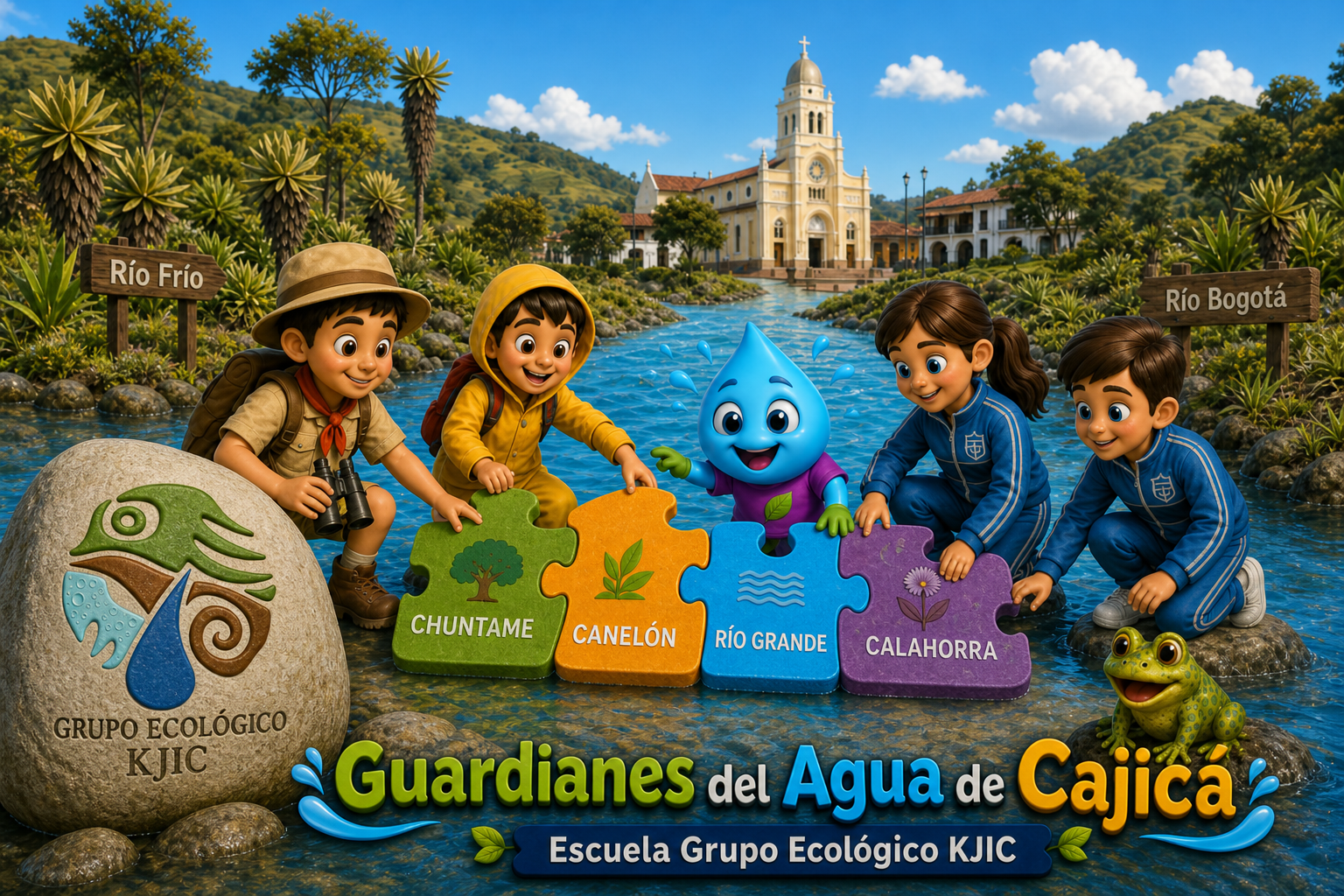 Personajes sobre el río, con la iglesia de Cajicá al fondo